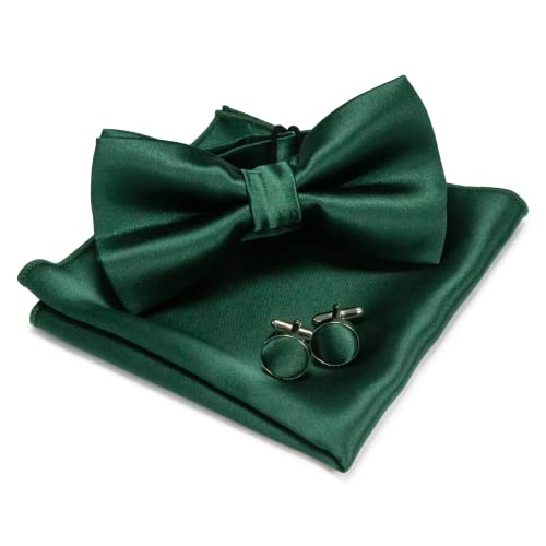 RBOCOTT Forest Green Bow Tie Silk bowtie and Pocket Square with Cufflinks Sets for men Party