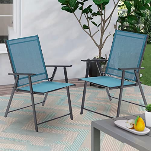 VICLLAX Outdoor Folding Patio Chairs with Arms, Portable Patio Dining Chairs Sling Back Chairs for Garden, Set of 2