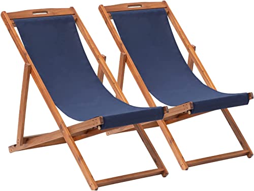 Patio Lounge Chair Outdoor Beach Chair Set of 2, Beach Sling Chair Patio Chairs Set of 2 , Wooden Folding Outdoor Chairs for Outside, 3 Level Height Adjustable, Portable Reclining Beach Chair