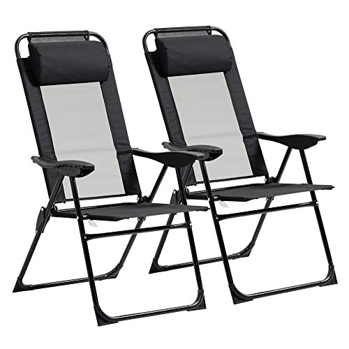 Outsunny Set of 2 Folding Patio Chairs, Camping Chairs with Adjustable Sling Back, Removable Headrest, Armrest for Garden, Backyard, Lawn, Black