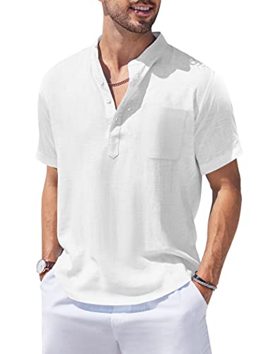 COOFANDY Mens Cotton Linen Henley Hippie Casual Beach T Shirt with Pocket, 01-White, XX-Large, Short Sleeve