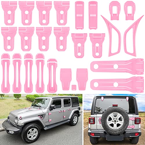 26PCS Full Set Exterior Decoration Trim Kit for Jeep Wrangler JL JLU 2018-2023 Door Hinge Handle Engine Hood Hinge Hood Latch Wheel Eyebrow Side Air Outlet Rear Tailgate Window Hinge Cover (Pink)