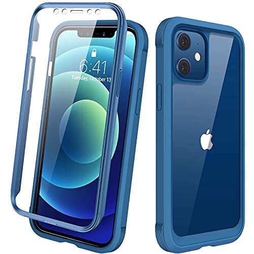 Diaclara Designed for iPhone 12/12 Pro Case, Full Body Rugged Case with Built-in Touch Sensitive Anti-Scratch Screen Protector, Soft TPU Bumper Case for iPhone 12/12 Pro 6.1" (Blue and Clear)