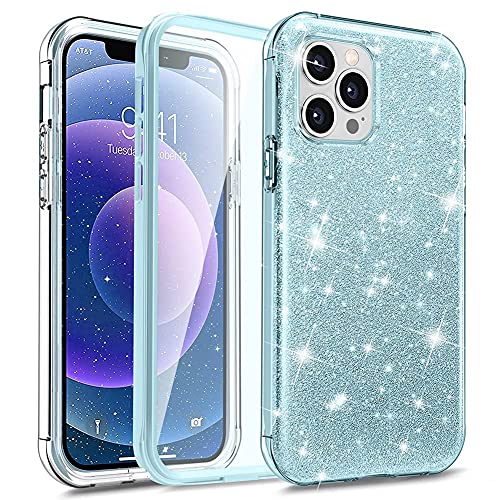 Vooii Compatible with iPhone 12/iPhone 12 Pro Case,[9H Tempered Glass Screen Protector] [Sparkly Luxury Glitter Shiny Bling] Anti-Scratch Shockproof Full Body Protective Case for Girl Women - Blue