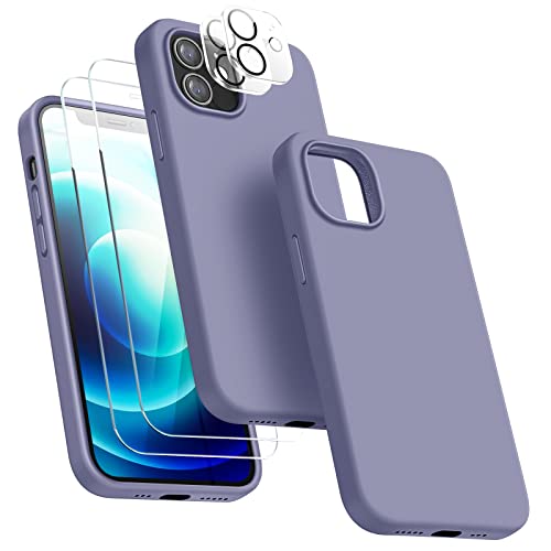 JTWIE [5 in 1 for iPhone 12/iPhone 12 Pro Case, with 2 Pack Screen Protector + 2 Pack Camera Lens Protector, Liquid Silicone Slim Shockproof Protective Phone Case [Microfiber Lining] (Lavender Grey)