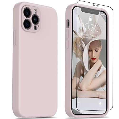 FUNMIKO iPhone 12 Pro Case with Screen Protector,Complete Protection with Enhanced Camera Lens Cover,Soft Silky Silicone Protective Phone Case for Apple iPhone 12 Pro 6.1",Elegant Pink