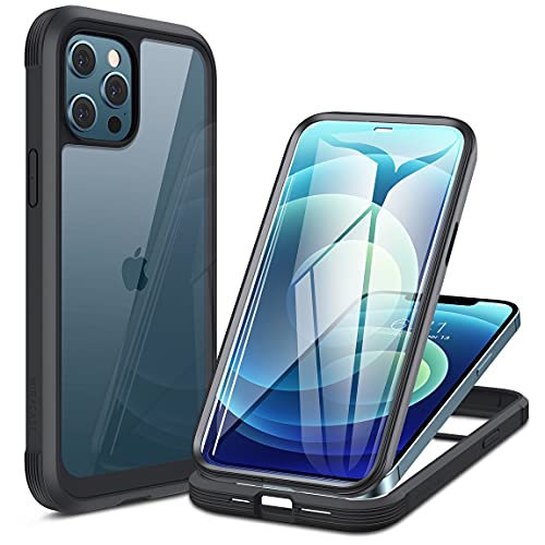 Miracase Glass Case for iPhone 12/ iPhone 12 Pro 6.1 inch (2020), Full-Body Clear Bumper Case with Built-in 9H Tempered Glass Screen Protector for iPhone 12/ iPhone 12 Pro, Black