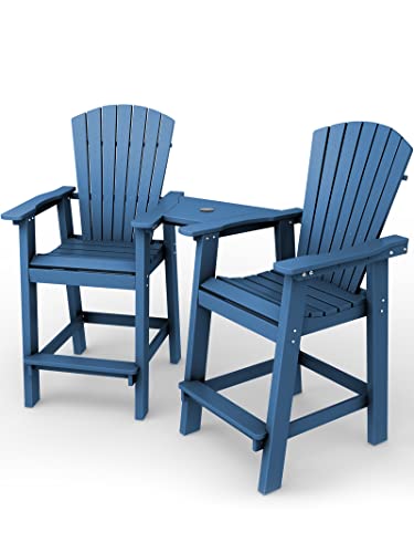 KINGYES Balcony Chair Tall Adirondack Chair Set of 2 Outdoor Adirondack Barstools with Connecting Tray - Patio Stools Weather Resistant for Deck Balcony Pool Backyard, Blue