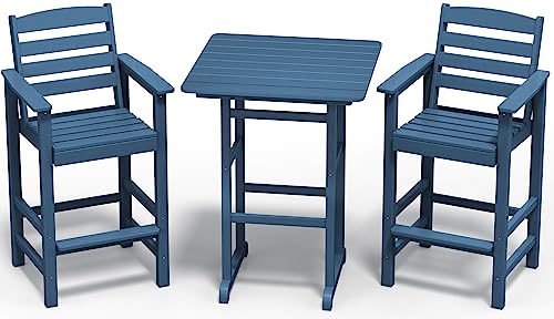 SERWALL Balcony Adirondack Chairs and Table 3 Pieces Set, Adirondack Bar Height Chairs Set of 2 and Bar Table, Outdoor Bar Stools Set for Bistro, Poolside, Backyard, Blue