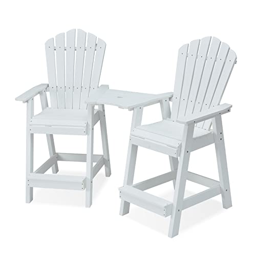 Psilvam Tall Adirondack Chair Set of 2, Poly Lumber Outdoor Bar Stools with Connecting Tray, 350Lbs Support Patio Chairs for Balcony, Deck, Weather Resistant Outdoor Patio Furniture Sets (White)