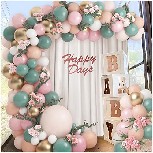 124PCS Sage Olive Green Blush Pink Peach Balloons Balloon Garland Arch Kit, Artificial Vines Eucalyptus Garland, We Can Bearly Wait Boho Gender Reveal Baby Shower Birthday Party Decorations for Girls