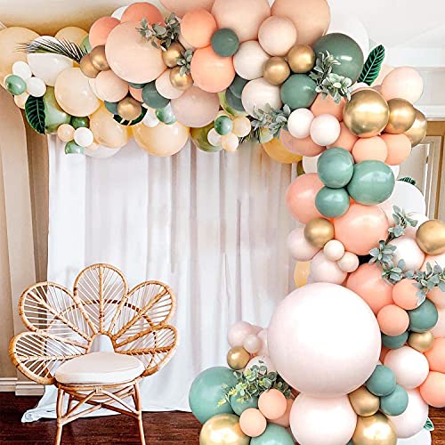 140Pcs Sage Green Peach Blush Pink Balloon Garland Arch Kit for Baby Bridal Shower Wedding Jungle Safari Theme Birthday Party Decorations