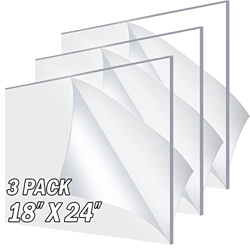 3 Pack Acrylic Sheet Plexiglass 18" x 24" x 1/8" Thick, Clear Cast 3mm 18x24 Plexi Glass Panel Use for Craft Projects, Picture Frames, Laser Engraving Sign Blanks or Cutting to Display Sizes.