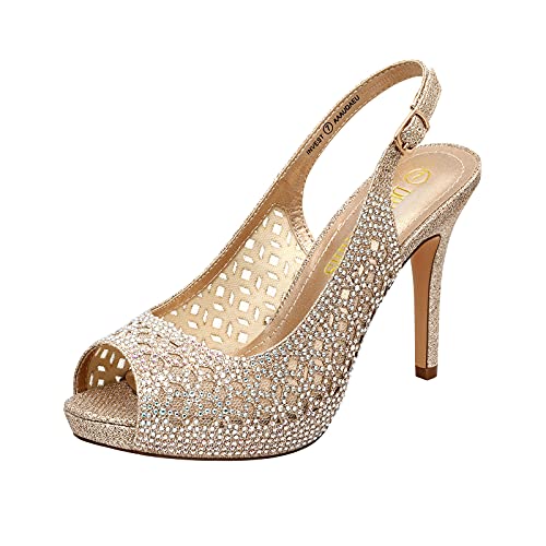 DREAM PAIRS Women's Invest High Heels Platform Sexy Dress Rhinestones Peep Toe Pumps Shoes, Gold Glitter, Size 11