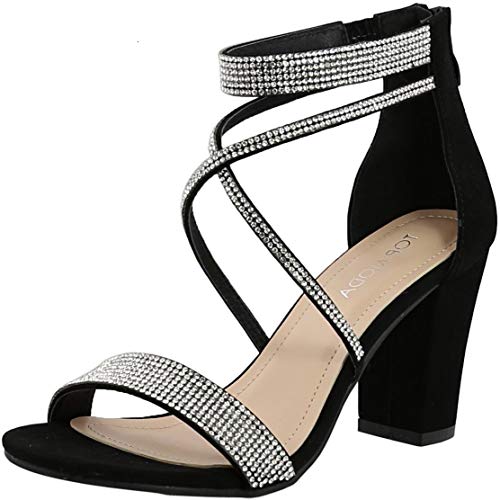 TOP Moda Women's Formal Rhinestone Chunky Block Heel Sandal Crisscross Strappy, Black, 7