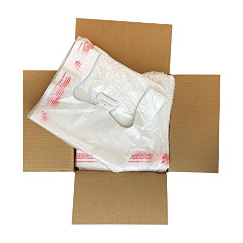 HDPE Handled T-Shirt Bags, Grocery Bags, Opaque White with Warning, 11.5" x 6.5" x 21", 13 Micron Thickness, 1/6 BBL - 1 case of 650 Bags