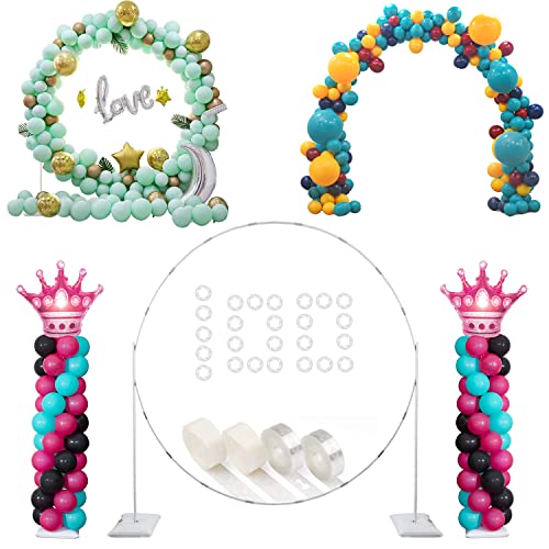 Decojoy Balloon Arch Stand, 7.5ft Large Round Backdrop Frame, Adjustable Half Circle Arch, 2 set Reusable Metal Ballon Column Kit with Base 3IN1 for Birthday, Wedding, Graduation, Baby Shower Party