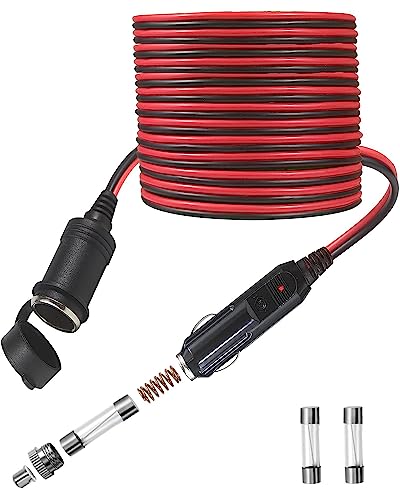 Upgraded 33FT Cigarette Lighter Extension Cord,12V/24V 33 Feet Heavy Duty Cigarette Lighter Extension Cable 16AWG with LED Light 15A Fuse Auto Power for Car Tire Pump, Air Compressor