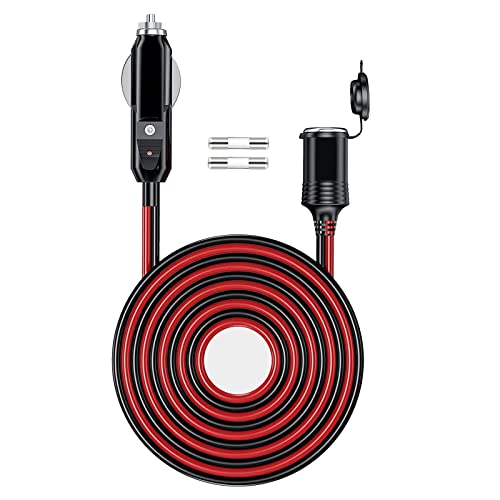 1PCS 26FT 12V/24V Heavy Duty Cigarette Lighter Extension Cable 16AWG, 156W/15A Male Plug to Female Socket Adapter Extension Cord with 2*15A Fuse and LED Lights for Inflator, Tire Pump, Air Compressor