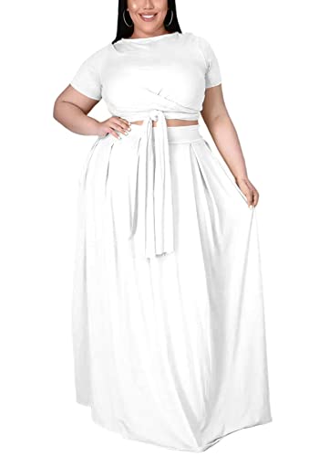 Womens Plus Size Two Piece Dress Outfits Sexy Short Sleeve Tie Up Wrap Empire Crop Top Beach Skirts Set-White
