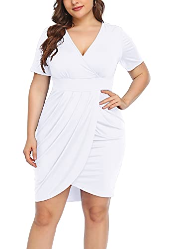 POSESHE Women's Plus Size Sexy Wrap Deep V-Neck Summer Spaghetti Strap Short Sleeve Party Mini Cami Dress White 3X-Large