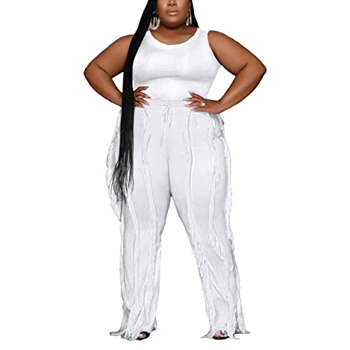 PRIVIMIX Women Plus Size 2 Piece Outfits Fringe Tassel Long Pants Set Sleeveless Tank Tops Clubwear White