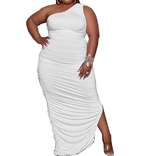 Womens Sexy Plus Size Maxi Dress One Off Shoulder Dress Sleeveless Ruched Evening Pencil Party Dresss White 5X