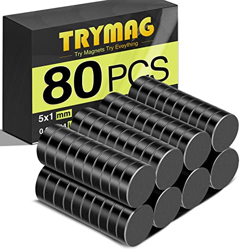 TRYMAG Small Magnets 80 Pcs, 5x1MM Small Refrigerator Magnets Rare Earth Magnets, Tiny Strong Black Round Neodymium Magnets for Fridge, Whiteboard, Billboard, Office, Round Button Magnets