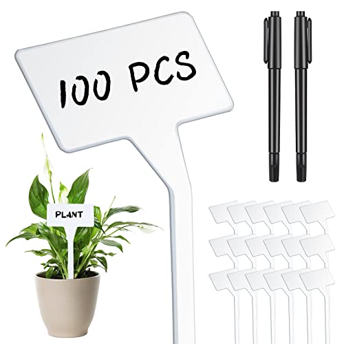 100 Pcs Large Plant Label Signs 11.8 Inch Plant Markers Plastic Garden Label Stakes Waterproof Plant T Type Tags Nursery Garden Marker Plant Signs with Marker Pen for Flower Herb Pot Plant (White)