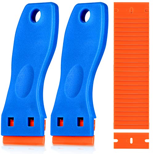 KUSUFEFI Plastic Razor Blade Scraper, 2PCS Scraper Tool with 60PCS Plastic Blades, Cleaning Scraper Remover for Stickers, Decals, Adhesive, Labels, Paint, Glass, Car, Window, Stove Top, Caulk, No Scratches