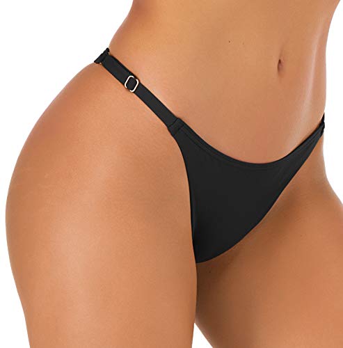 Supersun Women Cheeky Bikini Bottom Thong Swimsuits Side Adjustable String Swim Bottoms Black