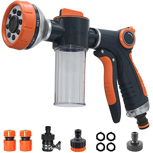 Garden Hose Nozzle, with 8 Spray Mode for Lawn Care, Car Wash Foam Gun, Pet Washing & Pup Jet Dog Wash, Heavy Duty High Pressure Hose Nozzle with Soap Dispenser, Garden Hose Quick Connect Spray Nozzle