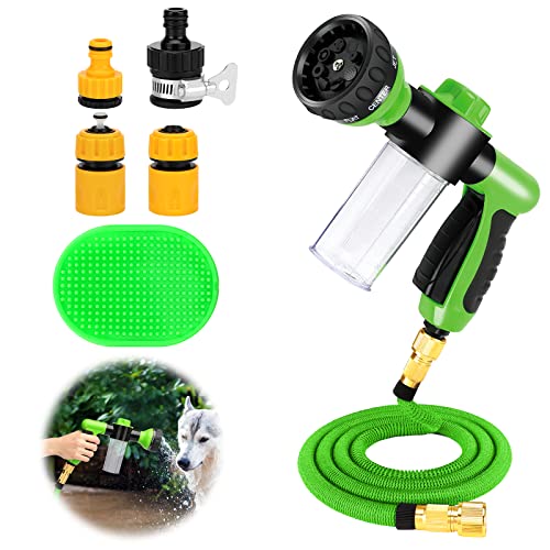 Rypet Pup Jet Dog Wash 7 Pieces Pet Bathing Tool Set Includes Expandable Hose Nozzle Foam Sprayer Connector Dog Rubber Brush for Bathing Pets, Washing Cars and Watering Plants Green