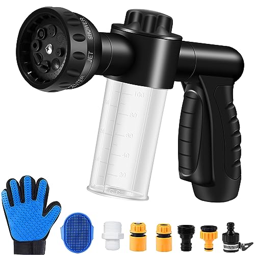 Pup Jet Dog Wash, High Pressure Hose Spray Nozzle Include Showering Connectors,Horse Bath Foam Sprayer with Soap Dispenser for Watering Plants, Lawn,Car Wash,Cleaning,Showering Pet. (Black)