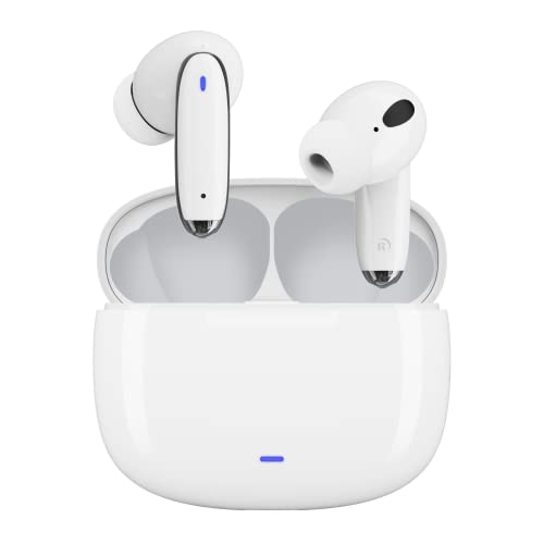 OMK Wireless Earbuds Waterproof Headset Noise Cancelling Earphones Long Battery Bluetooth Headphones with Wireless Charging Case for iPhone Android (White)