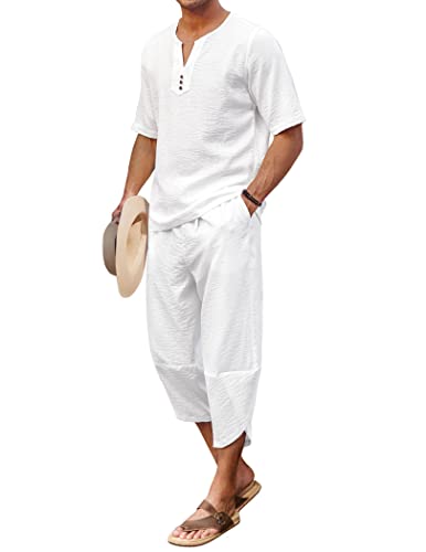 COOFANDY Men's 2 Pieces Linen Set Henley Shirt Short Sleeve and Harem Capri Pants Wide Leg Baggy Beach Yoga Trousers Outfits