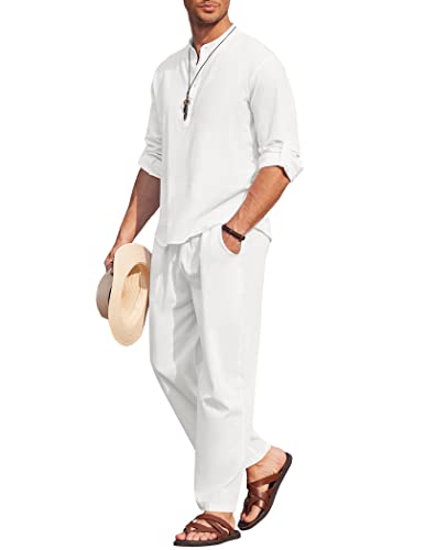 COOFANDY Mens Coordinated Outfit 2 Pieces Cotton Linen Set Long Sleeve Hippie Henley T Shirts Casual Beach Pants With Pockets Summer Yoga Set, 01-white, Medium