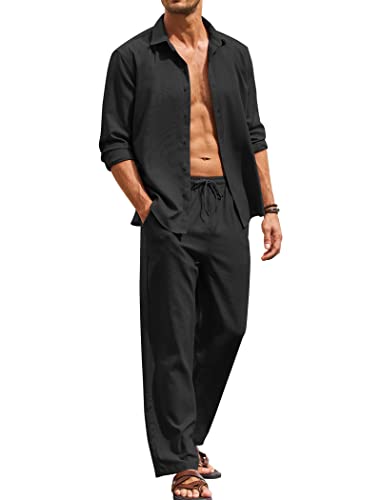 COOFANDY Men Linen Outfits 2 Piece Button Down Long Sleeve Matching Shirts and Pants Sets Black
