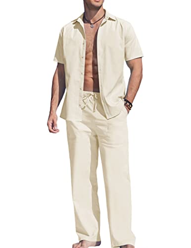 COOFANDY Men's Linen Set Beach 2 Pieces Casual Outfits Button up Shirt Drawstring Pants