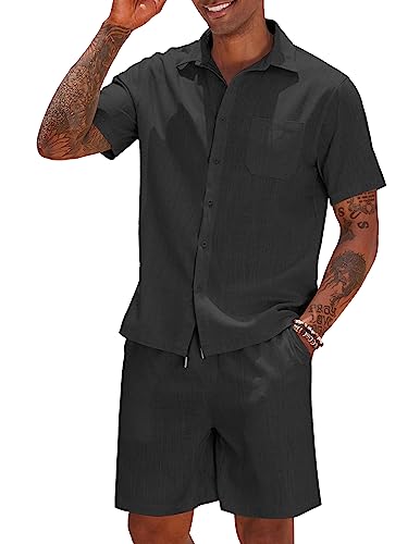 COOFANDY Men 2 Piece Linen Set Casual Short Sleeve Shirt and Short Beach Set