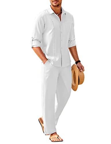 COOFANDY Mens Coordinated Outfit 2 Piece Linen Sets Casual Long Sleeve Button Down Cuban Shirt and Loose Pants Set Beach Vacation, White, 4X-Large
