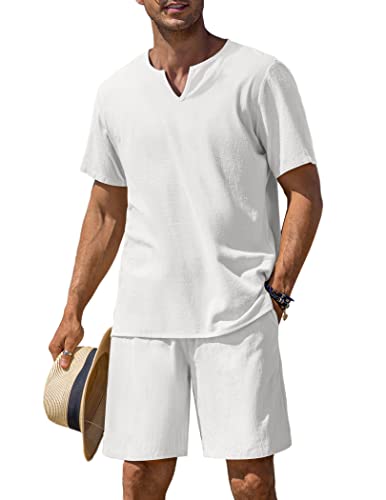 COOFANDY Men's 2 Pieces Cotton Linen Set Short Sleeve Henley Shirts Casual Beach Shorts Summer Yoga Outfits