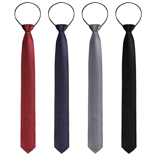 4 Pieces Zipper Ties for Men Adjustable Men's Pretied Neckties Zip on Tie for Men Zipper Skinny Necktie Clip on Slim Tie (Black, Navy, Grey, Dark Red)