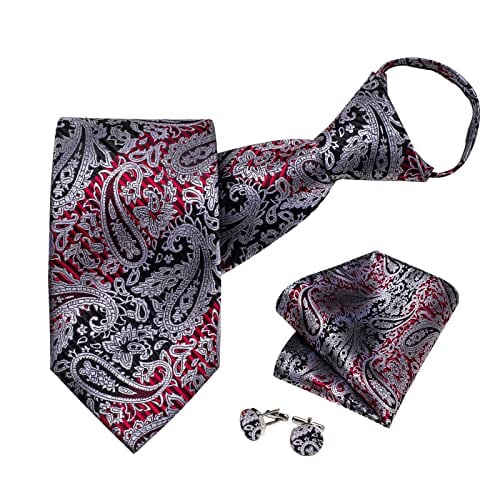 DiBanGu Silk Zipper Ties for Men,Woven Red Grey Paisley Pretied Tie and Pocket Square Cufflinks Set Wedding Party
