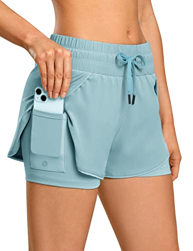 CRZ YOGA Women's Mid Waisted Workout Running Shorts with Liner 3'' - 2 in 1 Athletic Sport Tennis Gym Shorts Zip Pocket Light Grayish Blue Large