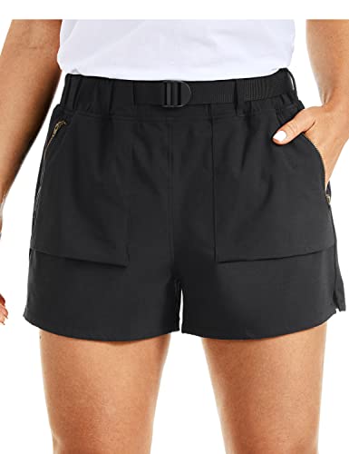 CRZ YOGA Women's Waterproof Stretch Hiking Shorts: Mid Rise Summer Outdoor Golf Workout Shorts Zip Pockets with Belt - 3'' Black Small