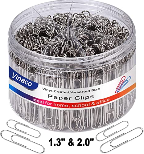 Vinaco Paper Clips Smooth Silver, Medium and Jumbo Paper Clip (1.3 inch & 2.0 inch), Durable and Rustproof, Coated Paper Clips Great for Office School and Personal Use
