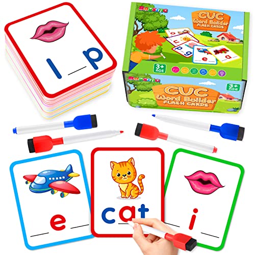 BAYSING Short Vowel Spelling Flashcards, CVC Sight Words Handwriting Cards, Learn to Write Phonics Flash Cards, CVC Words for Kindergarten Learning Activities, Montessori Educational Toy Gift for Kids 3 4 5 Years Old, 104 Pieces