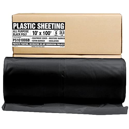 Aluf Plastics Black Plastic Sheeting - 10' x 100', 6 MIL Heavy Duty Gauge - Vapor and Moisture Barrier Sheet Tarp/Drop Cloth for Painting, Furniture Covers, Carpet Cover, Floor, Paint, Painters