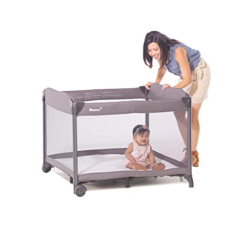 Joovy Room Large Portable Playpen for Babies and Toddlers with Nearly 10 sq ft of Space, Large Mesh Windows for 360 View, and Waterproof Mattress Sheet - Folds Easily when Not in Use (Charcoal)